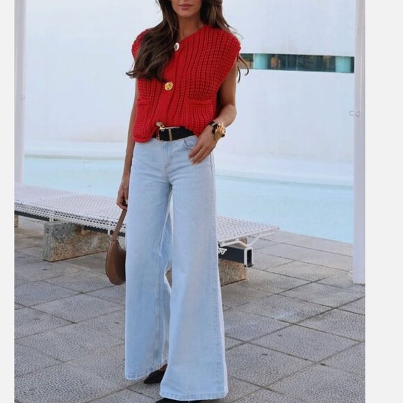 Zara Women High Rise Wide Leg Palazzo Denim Jeans Light Blue Sz 8 NWT - Picture 1 of 12